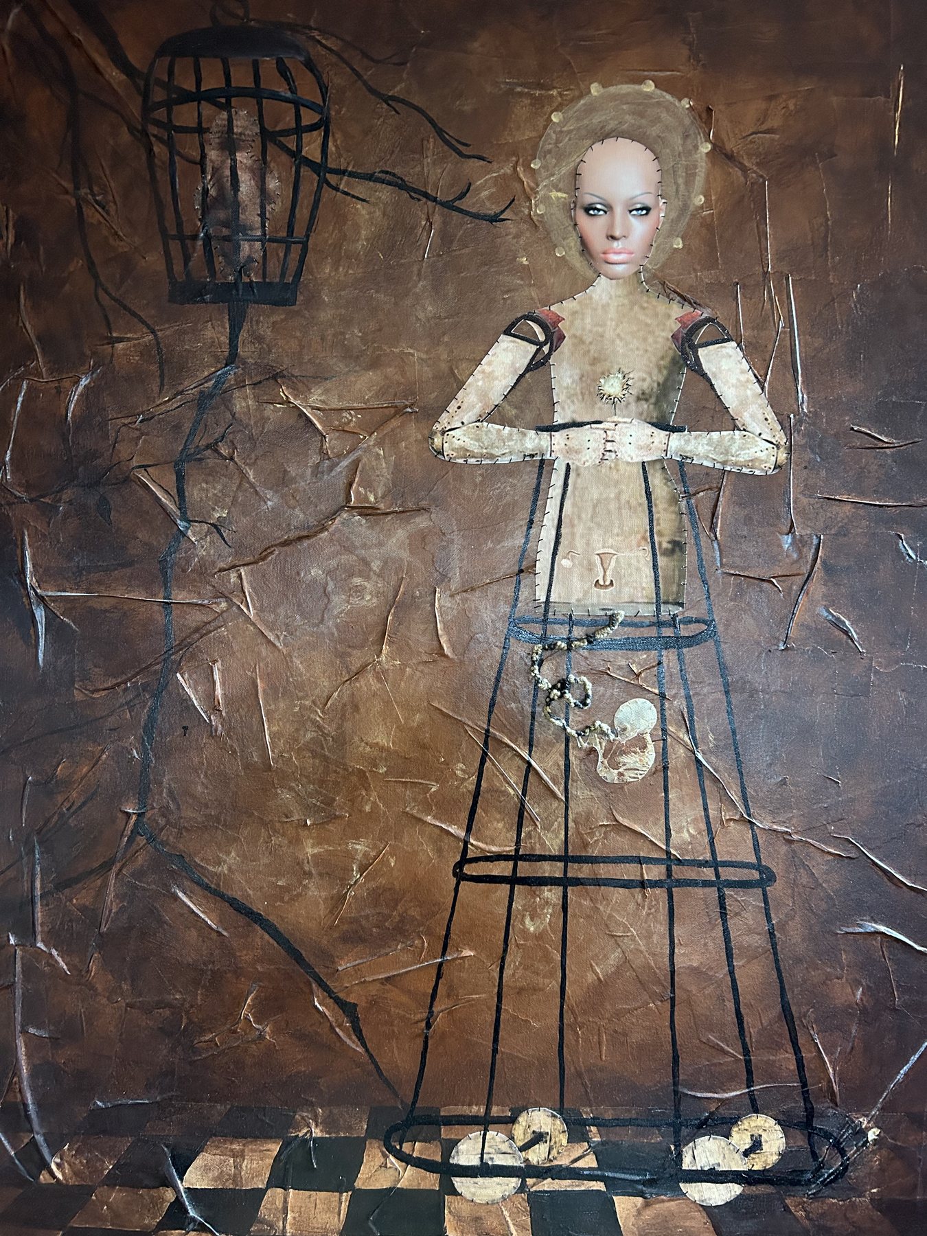 Painting by Stephanie Sheley, a figure in a wire cage skirt